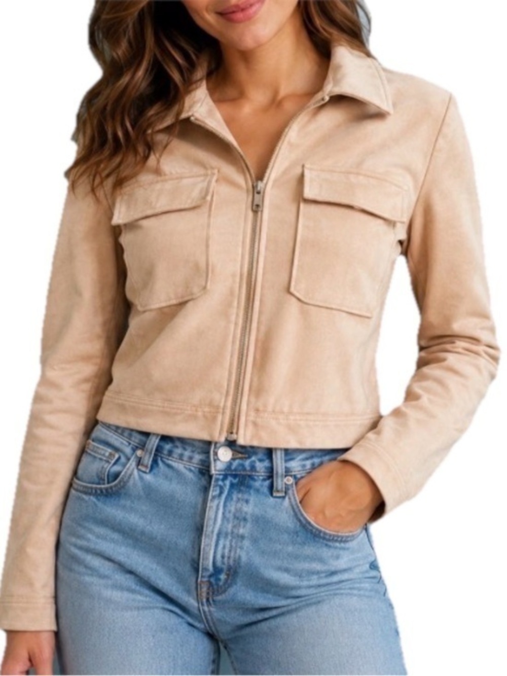 New Forever 21 Faux Suede Jacket Pockets Full Zip Size Large 36” Bust 19” Length